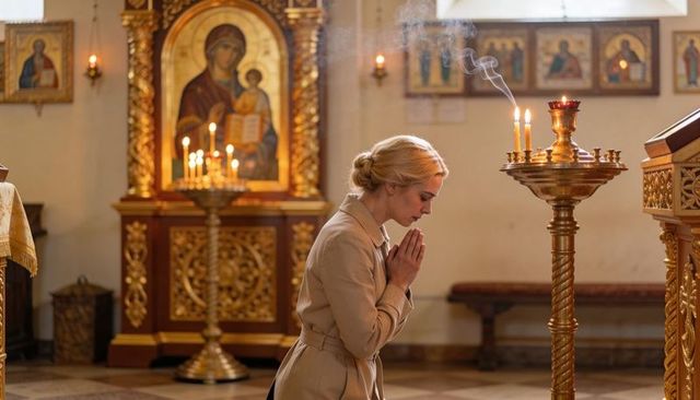 Kneeling woman praying in ornate orthodox church with burning candles and gilded icons
