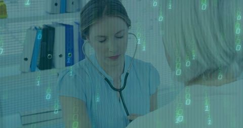 Digital integrates with healthcare: Doctor examining patient with tech overlay