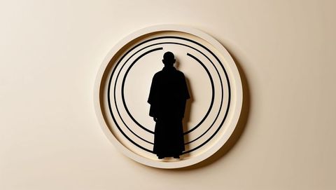 Modern Art Sculpture with Concentric Circles and Robed Figure