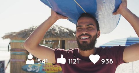 Happy surfer on beach with social media icons overlay