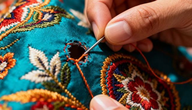 Hands mending embroidered turquoise fabric with orange thread, floral textile repair