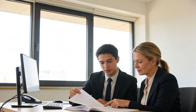 Senior executive reviewing documents with junior colleague in bright modern corporate office