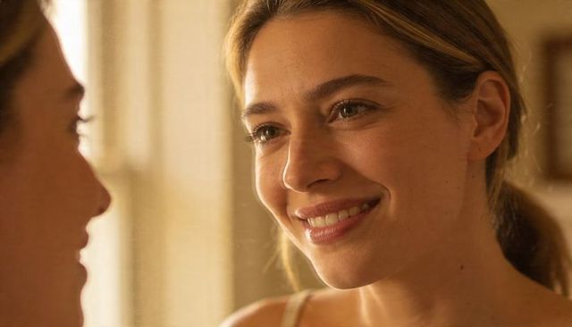 Warm sunlit portrait smiling woman leaning toward friend in intimate candid home moment