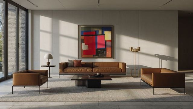 Chic contemporary living room with brown leather seating