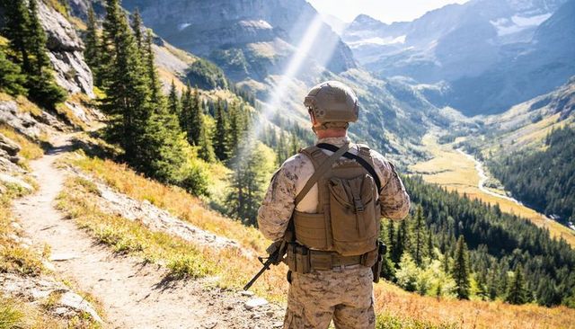 Tactical soldier patrolling mountain trail overlooking alpine valley and river