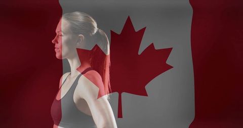 Focused female athlete standing in profile with canadian flag overlay for fitness branding