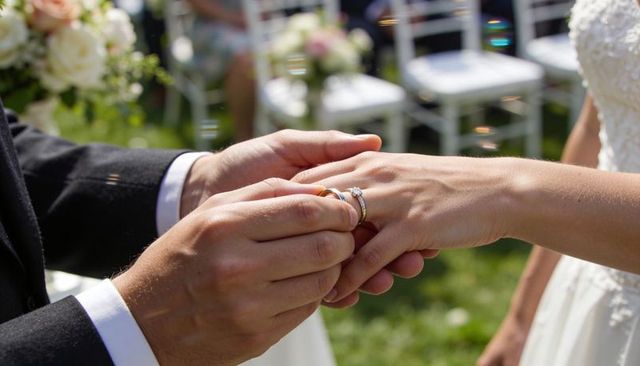 Groom sliding wedding band onto bride's finger during outdoor garden ceremony