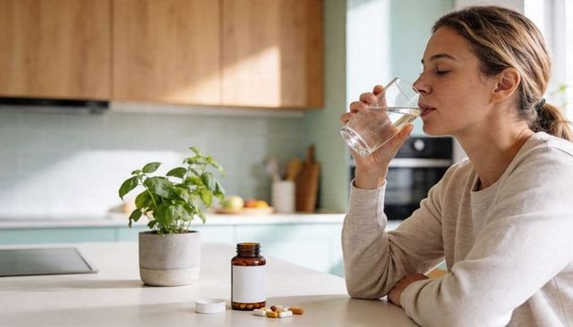 Woman drinking water while taking daily supplements in sunlit modern minimalist kitchen, serene