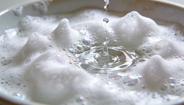 Droplet forming crown splash in soapy bowl with iridescent bubbles macro closeup