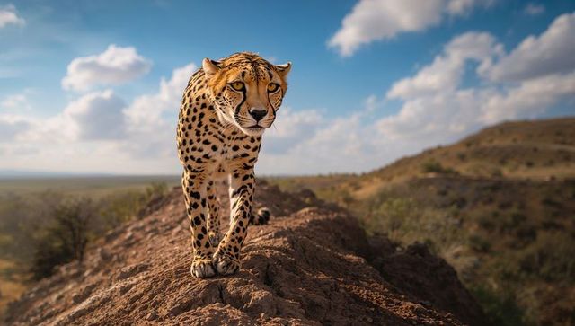 Graceful cheetah striding across savanna ridge in majestic landscape