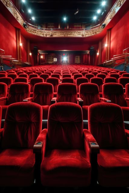 Rows of empty red seats fill a grand theater, with copy space. The image captures the quiet anticipation of an entertainment venue before an event.