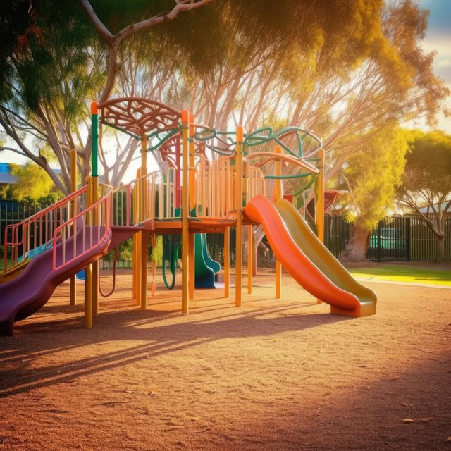 A vibrant playground equipped with various brightly colored slides and climbing structures standing in a sunlit park with abundant trees around. This sunny and inviting outdoor play area is perfect for children's recreation and activities. The scene evokes feelings of fun and adventure, ideal for use in family recreation and childcare-related advertisements or educational materials about outdoor activities.