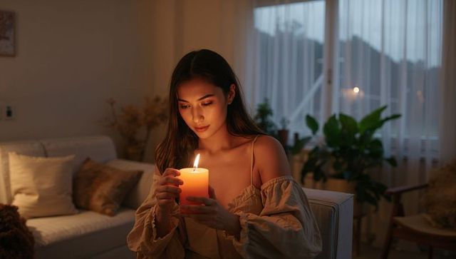 Asian woman holding lit candle in cozy living room, warm candlelight evening portrait