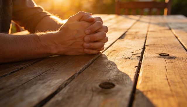 Man clasping hands on sunlit rustic wooden table at golden hour, contemplative moment