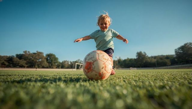 Happy toddler kicking soccer ball on green field