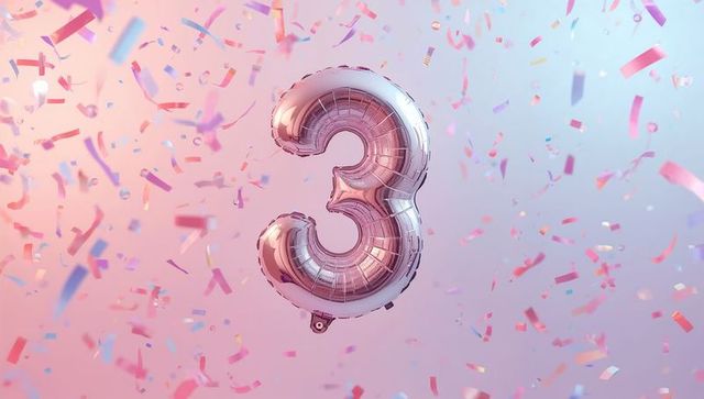 Rose gold foil balloon number 3 floating amid pastel confetti for birthday celebration