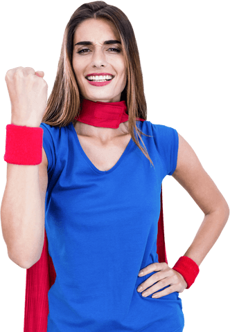 Cheerful Woman Standing in Transparent Superhero Costume