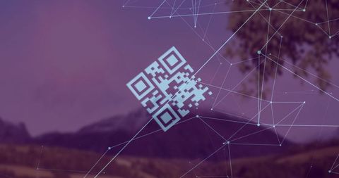 Futuristic QR Code with Digital Network Overlay above Mountain Landscape