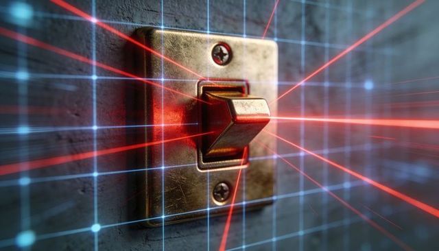 Brass Toggle Switch Reflecting Holographic Grid and Red Laser Beams