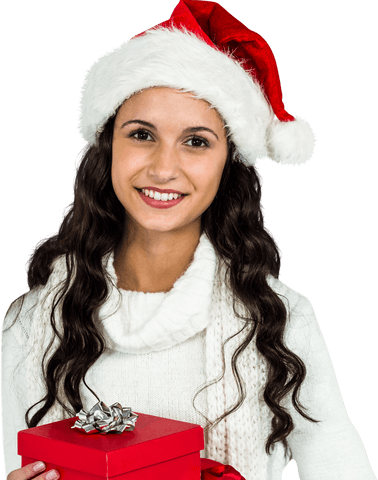 Smiling Woman Wearing Santa Hat Holding Christmas Gift Transparent Background