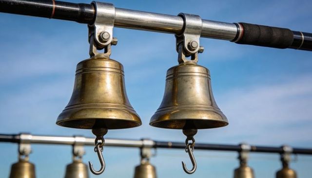 Glinting brass boat bells hanging from stainless rail with s-hook clappers and patina