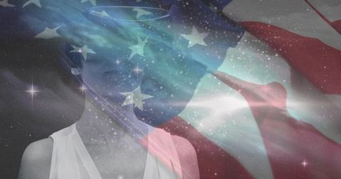 Mature woman blending with american flag and starfield overlay, patriotic portrait