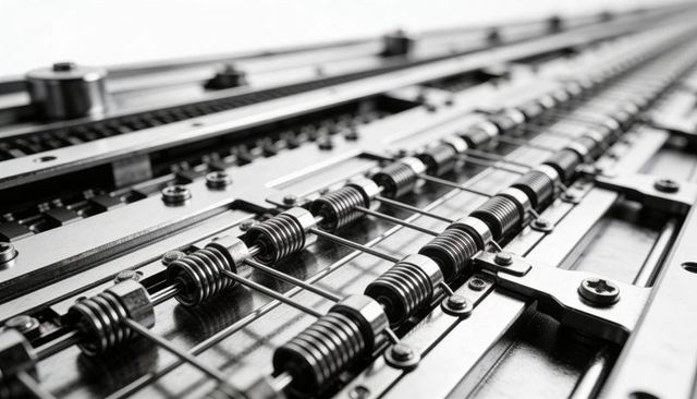 Precision coiled spring assembly forming repeating pattern on linear guides, monochrome