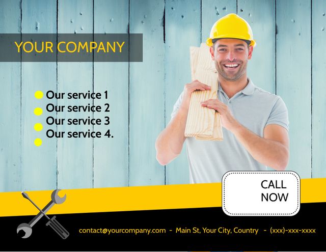 Smiling Construction Worker Holding Lumber Promoting Services - Download Free Stock Templates Pikwizard.com