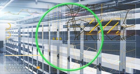 Futuristic digital network overlay in modern data center