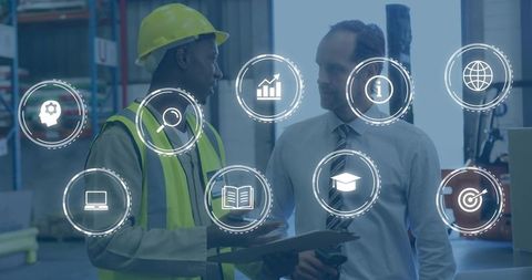 Warehouse manager and worker discussing operations with digital analytics overlay