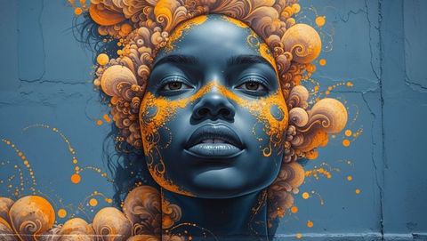 Vibrant haiti female face mural with creative yellow patterns