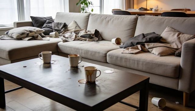 Casual Messy Living Room Showing Stained Coffee Cups on Table and Beige Sectional Sofa