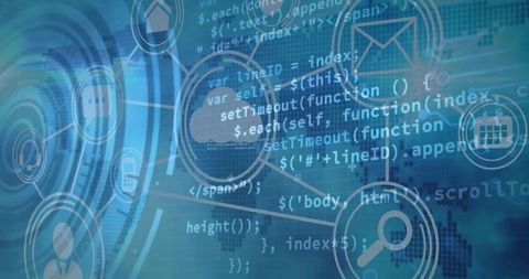 Cloud network overlaying code with interface icons conveying global data flow and insights