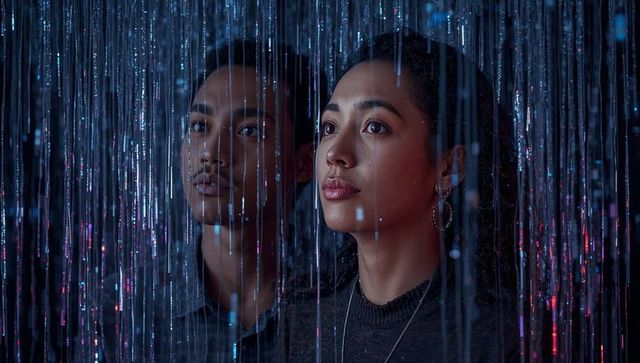 Gazing couple amid neon fiber-optic curtain exploring luminous led art installation