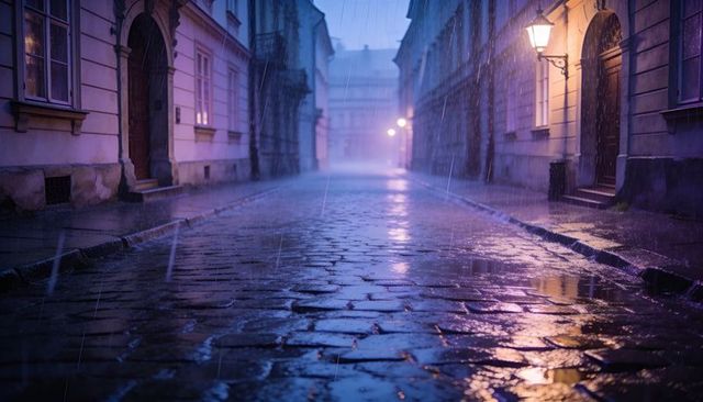 Historic cobblestone alley reflecting warm lantern light in rainy night mist