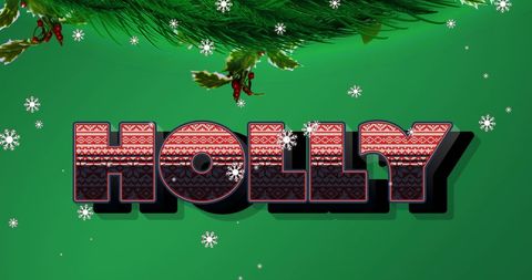 Festive 'Holly' Text with Snow and Tree Branches on Green Christmas Background