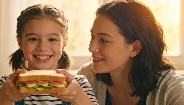 Sunlit mother and daughter sharing healthy sandwich, smiling in cozy kitchen morning bonding