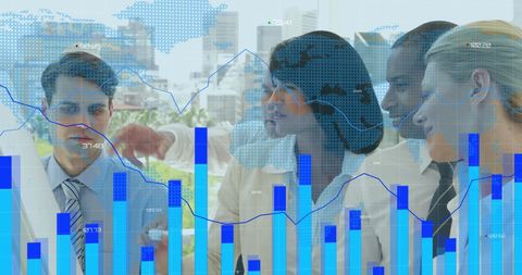 Diverse Business Team Analyzing Financial Trends with Digital Overlay