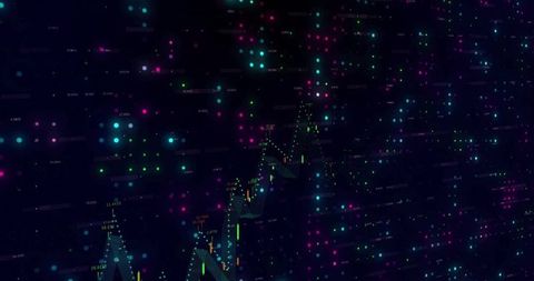 Abstract neon candlestick chart with futuristic mesh overlay