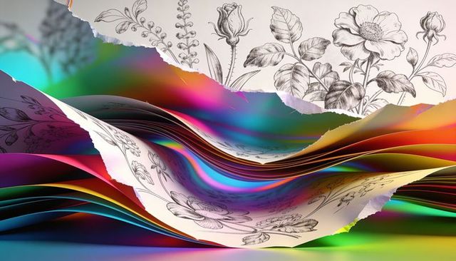 Torn paper revealing botanical sketches with glossy color ribbons and vibrant gradients