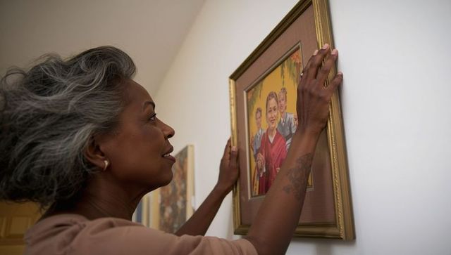 Senior woman hanging gold-framed family portrait in home hallway adjusting frame