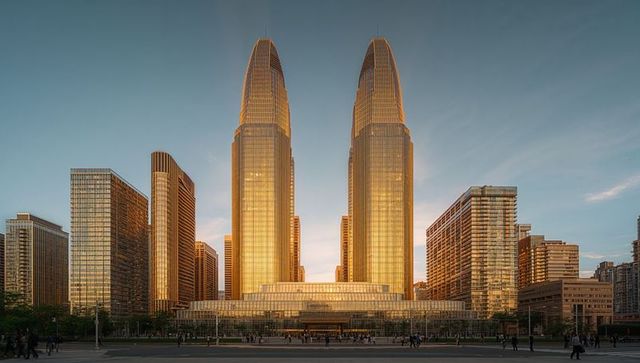 Twin golden towers glowing at sunset over modern plaza with pedestrians and photographers