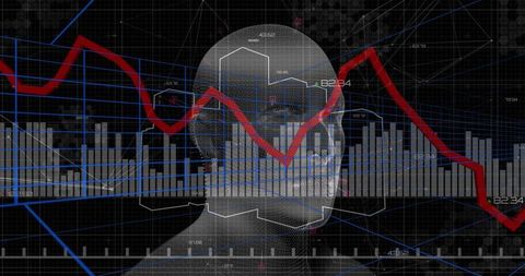 Futuristic Analytics Interface with Wireframe Head and Trend Lines
