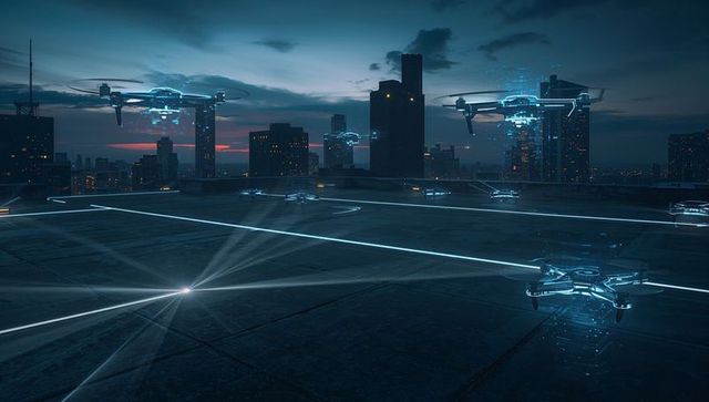 Hovering autonomous drone fleet over rooftop landing grid with holographic neon lines