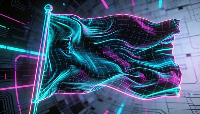 Rippling neon wireframe flag waving over futuristic cyberpunk circuit grid, glowing mesh