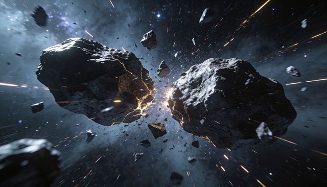 Colliding asteroids exploding into glowing fragments in deep space with streaking debris