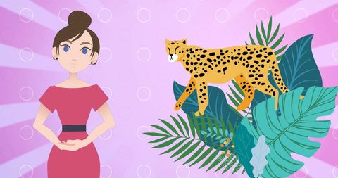 Animated Woman and Cheetah Among Tropical Plants on Colorful Background