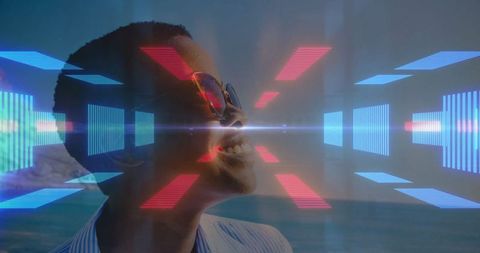 Woman in Sunglasses Enjoying Beach with Futuristic Overlay