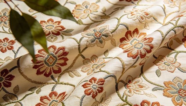 Cream floral embroidered linen fabric draping with warm light, leaf shadow and vintage-thread textur