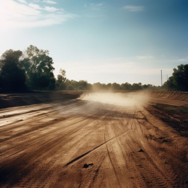 Dirt track in countryside with blue skies, created using generative ai technology. Dirt track, racing and driving concept digitally generated image.